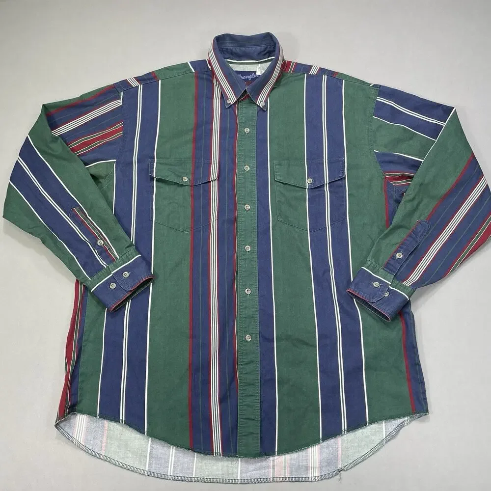 Wrangler X Long Tails Brushpopper Button Shirt Mens 17-35 Striped Green Blue Red